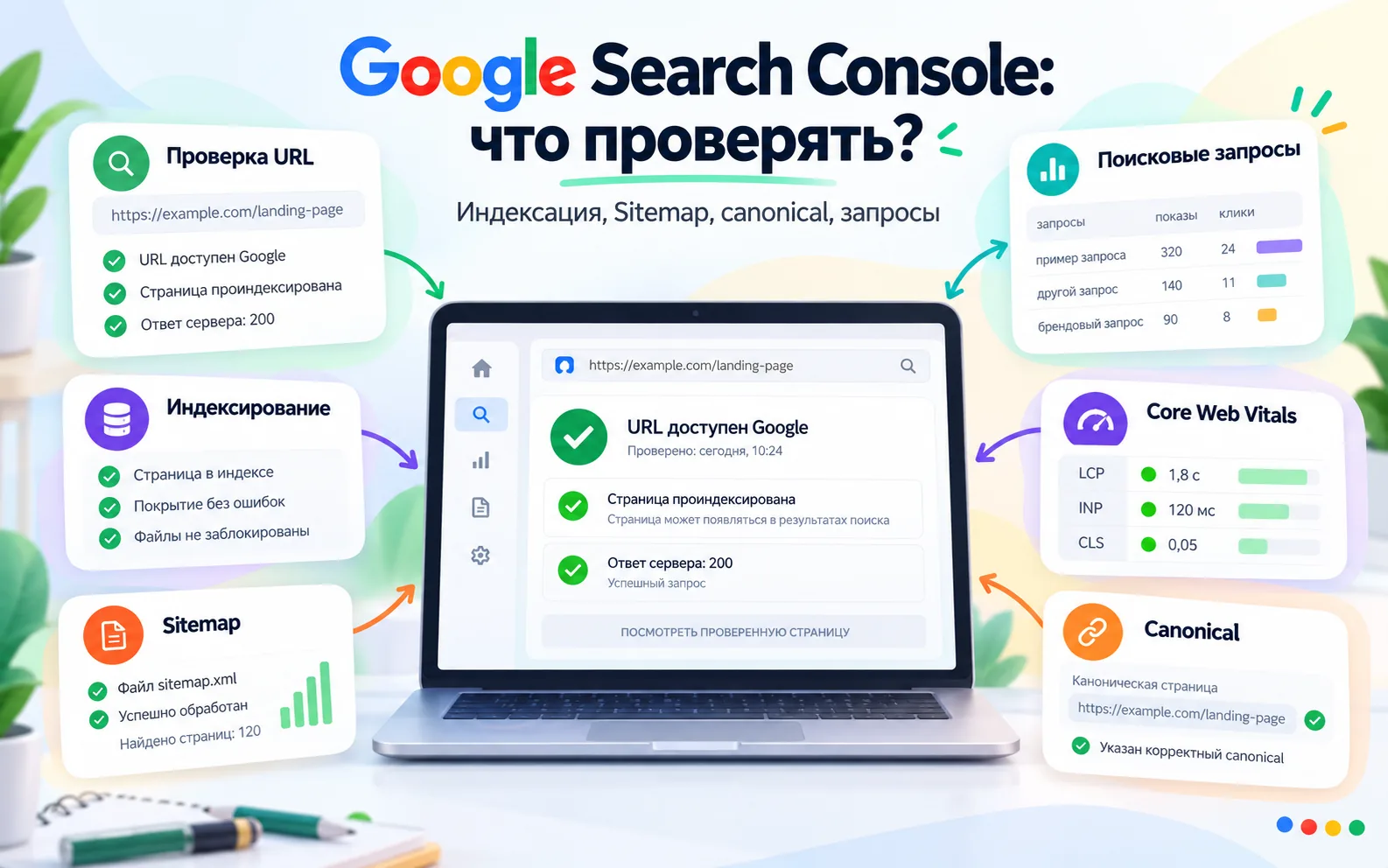 Google Search Console: проверка URL, индексации, sitemap, canonical, поисковых запросов и Core Web Vitals
