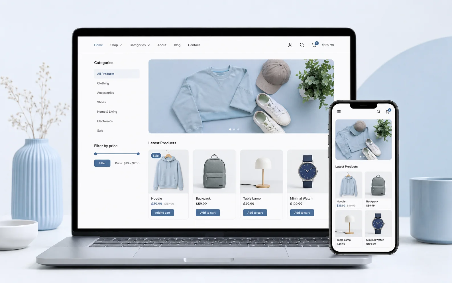 Интернет-магазин на WordPress и WooCommerce на компьютере и смартфоне