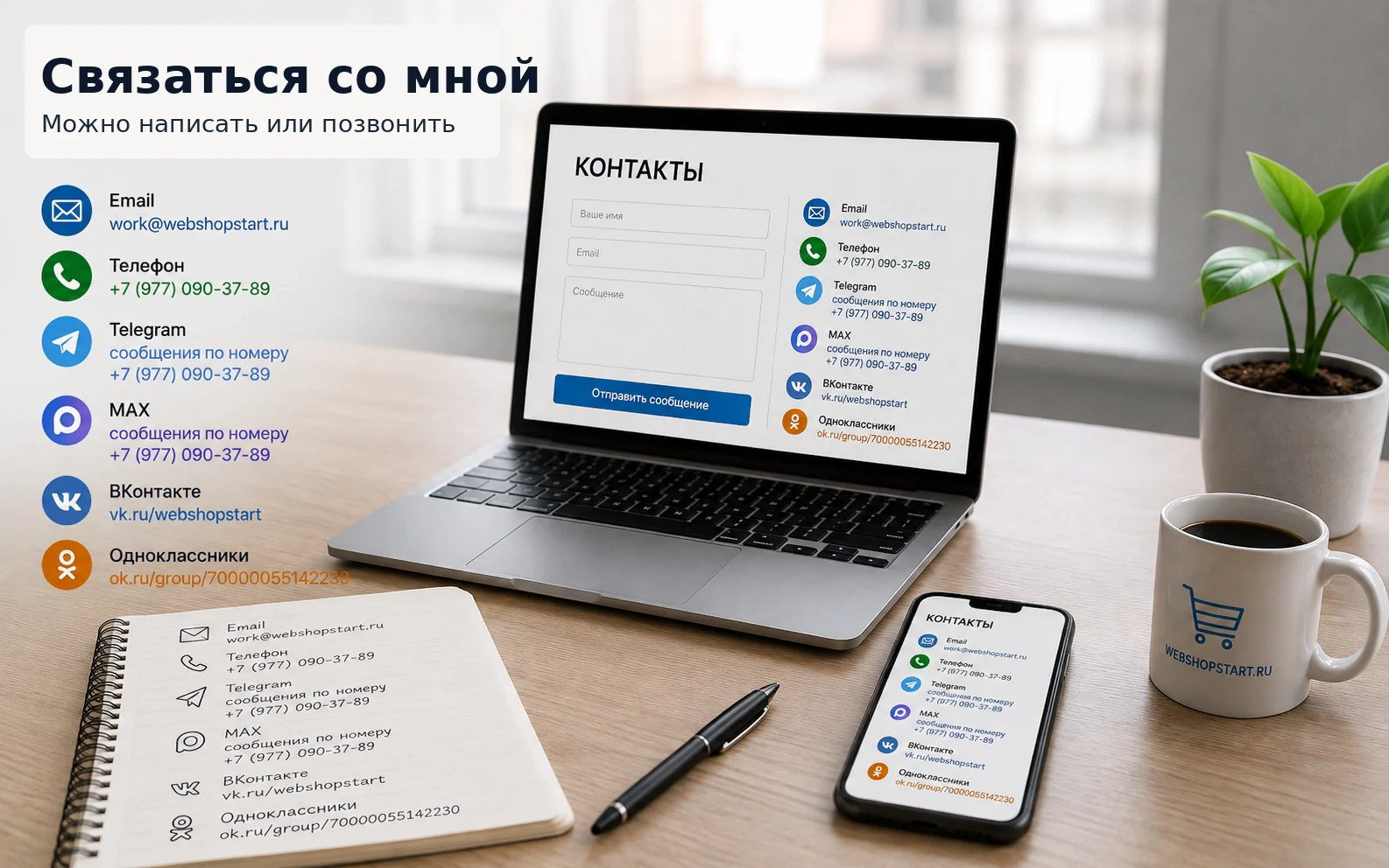Контакты WebShopStart: email, телефон, Telegram, MAX, ВКонтакте и Одноклассники