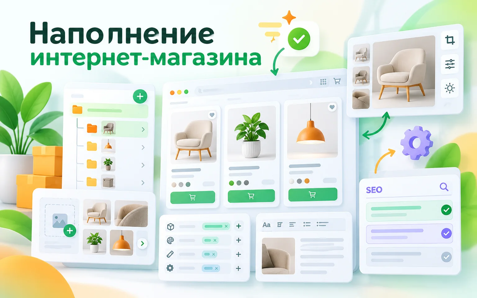 Наполнение интернет-магазина товарами, изображениями, характеристиками, описаниями и SEO-полями