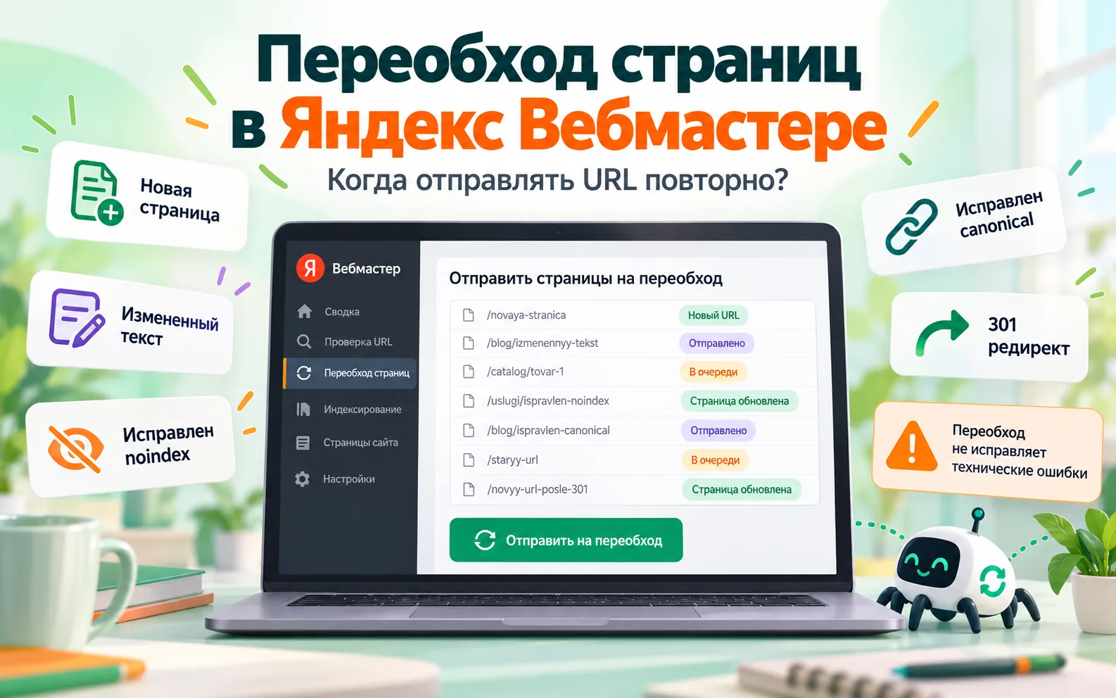 Переобход страниц в Яндекс Вебмастере: когда отправлять новый или измененный URL
