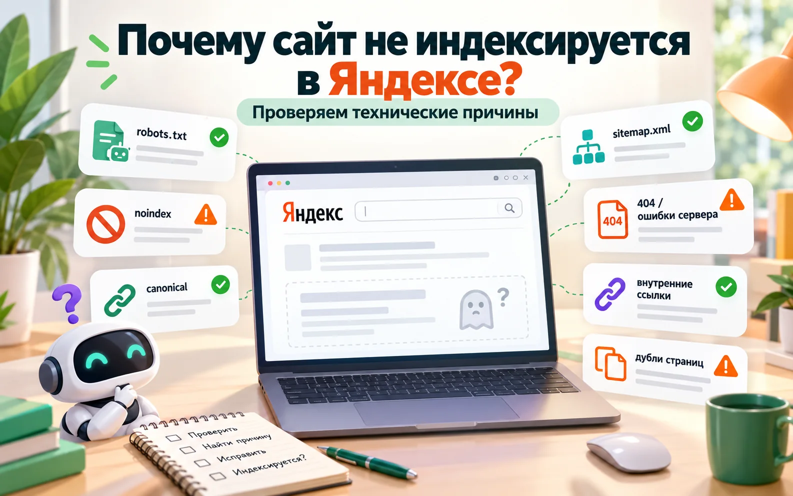 Проверка причин, почему сайт не индексируется в Яндексе: robots.txt, noindex, canonical, sitemap и ошибки сервера