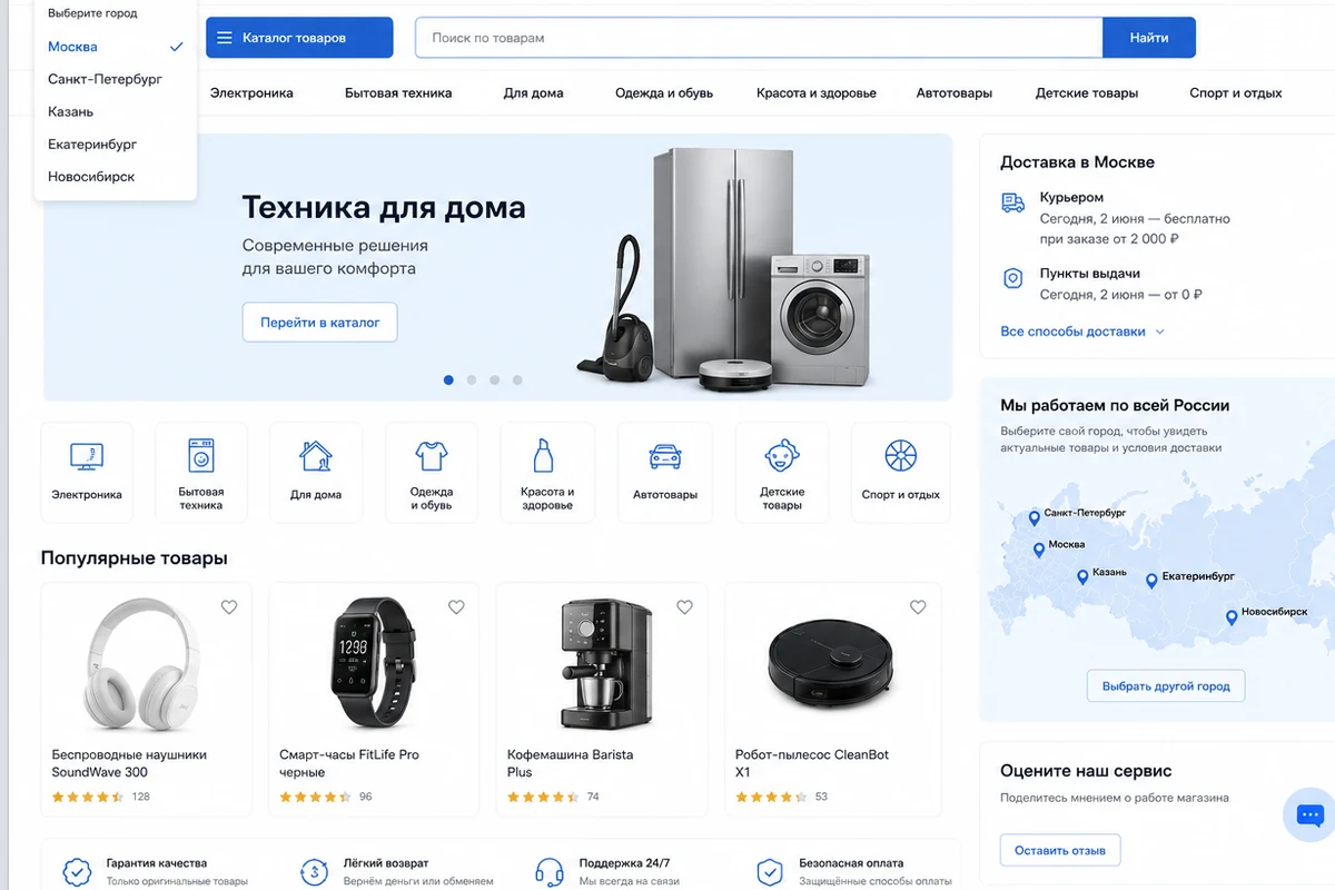 Пример мультирегионального интернет-магазина с выбором города и каталогом
