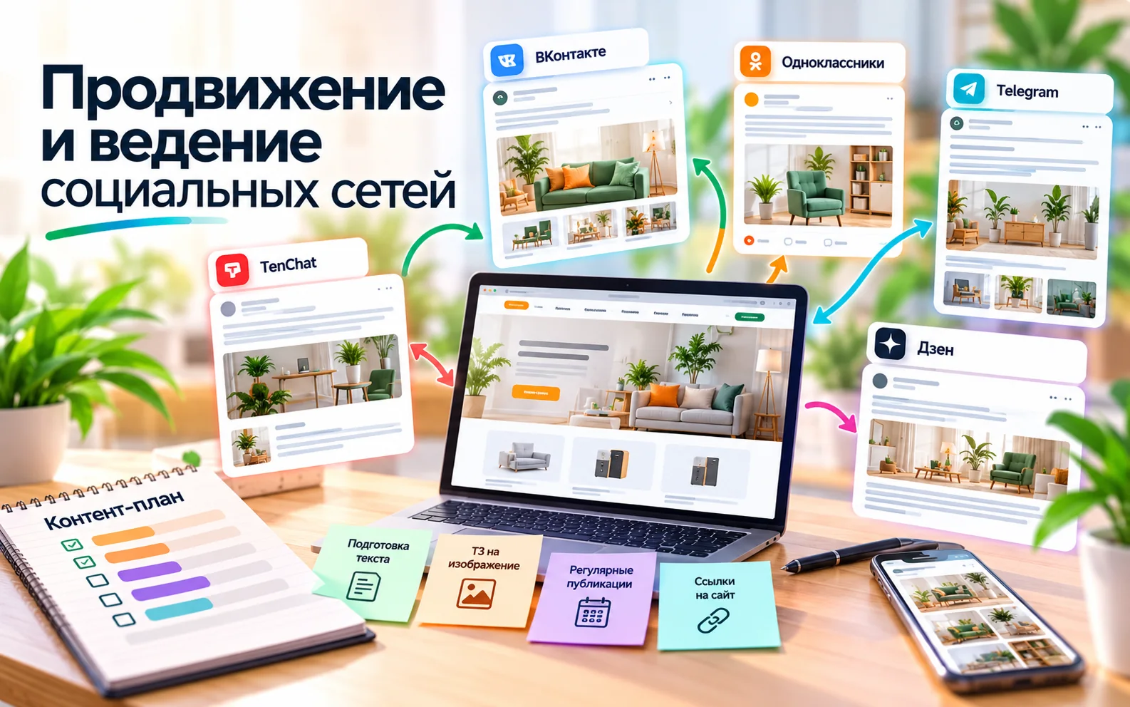 Продвижение и ведение социальных сетей: ВКонтакте, Одноклассники, Telegram, TenChat, Дзен, контент-план и публикации
