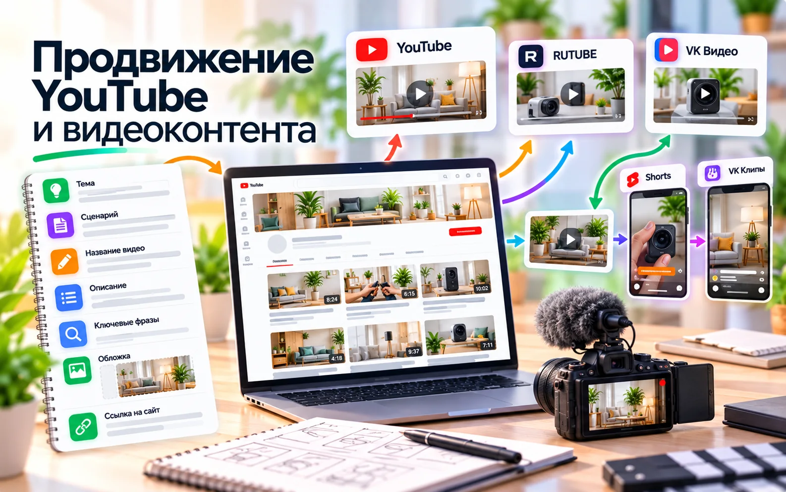 Продвижение YouTube и видеоконтента: YouTube, RUTUBE, VK Видео, Shorts, VK Клипы, сценарии и описания роликов