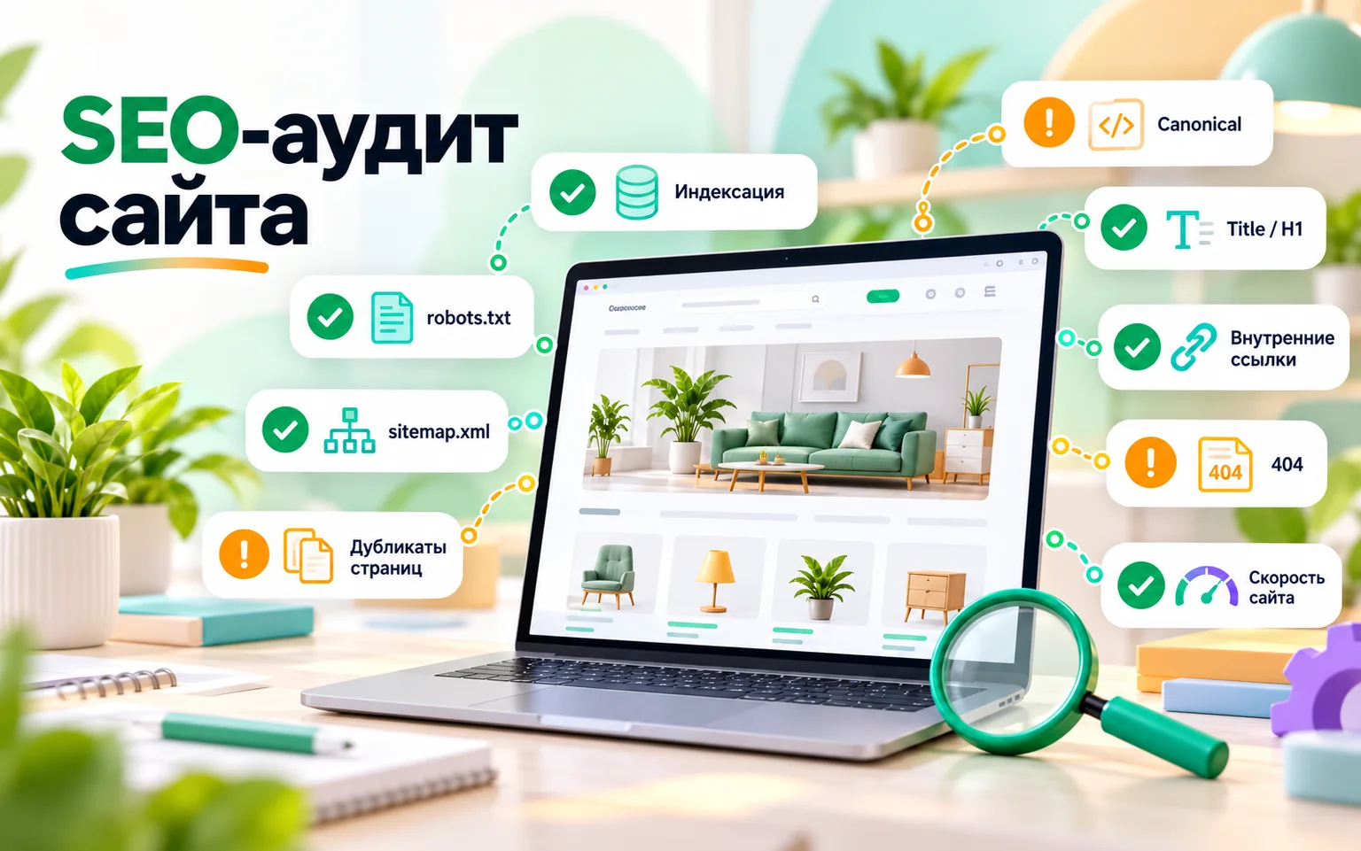 SEO-аудит сайта: индексация, robots.txt, sitemap.xml, canonical, Title, H1, ссылки, 404 и скорость