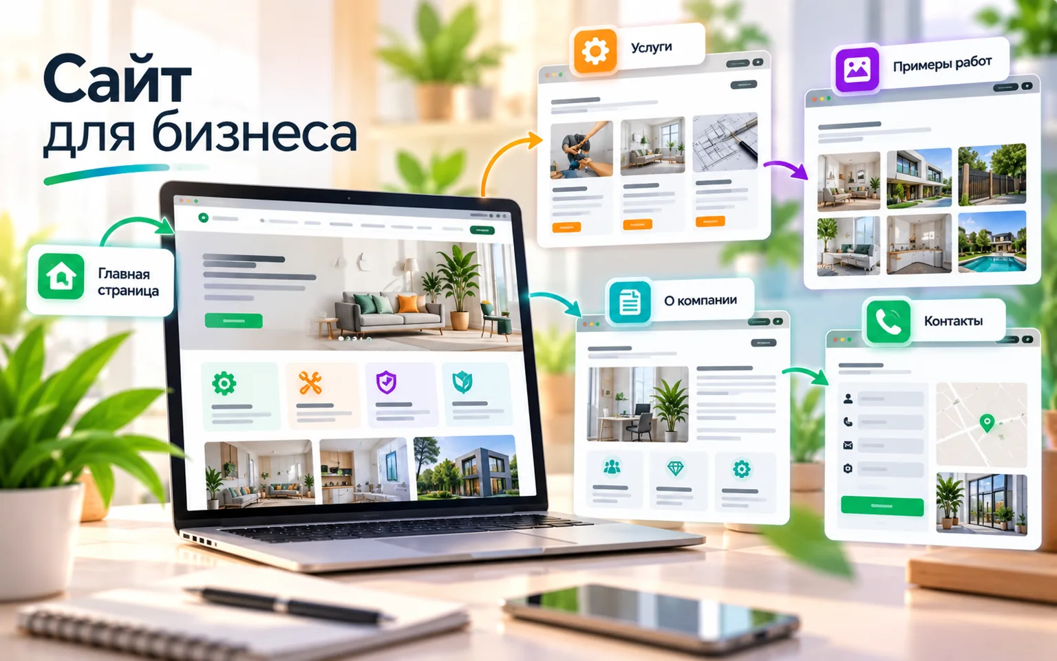 Создание сайта для бизнеса со страницами услуг, примерами работ и контактами